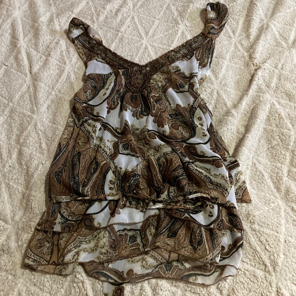 Y2K Patterned Blouse Tank Top Brown Summer 2000s Tie In the Back Aesthetic